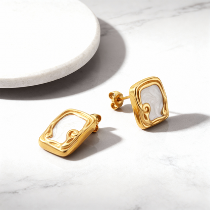 Gold Abstract Pearl Rectangle Earrings – Stainless Steel