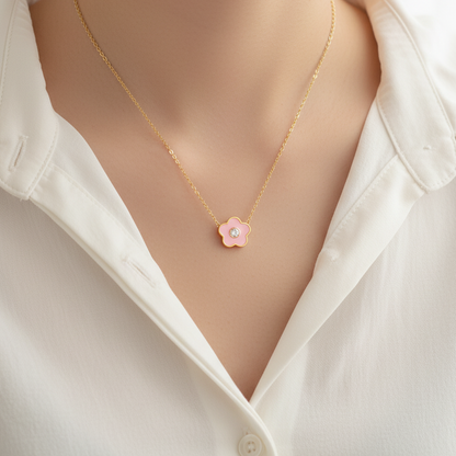Pink Flower Kids Necklace – Gold-Plated Stainless Steel Charm with Crystal Center
