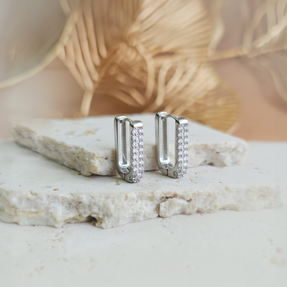 Silver Rectangular Pavé Hoop Earrings – Stainless Steel