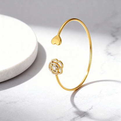 Rose & Heart Open Gold Bangle Bracelet