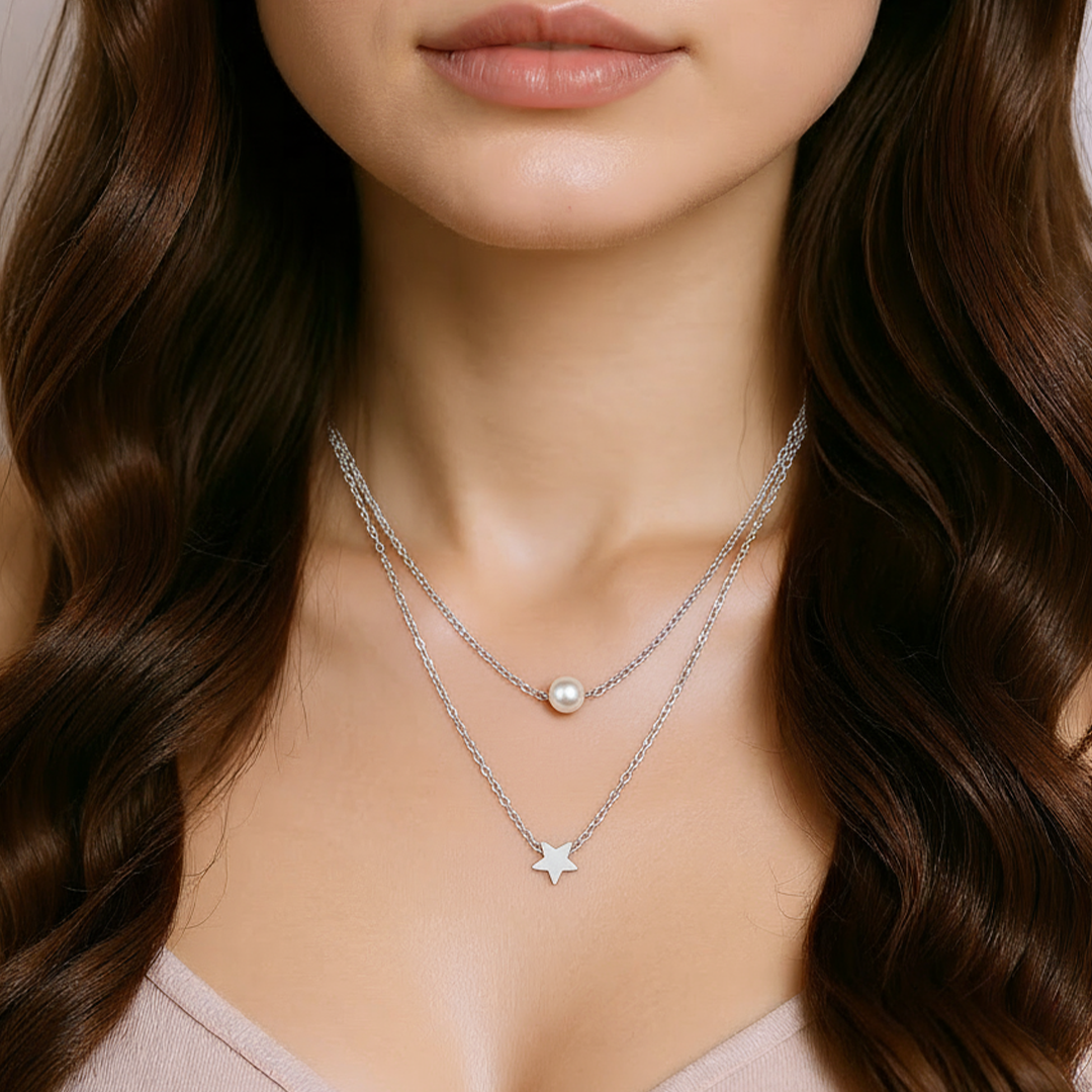 Starlight Pearl Layered Necklace – 18K Gold & Silver Plated