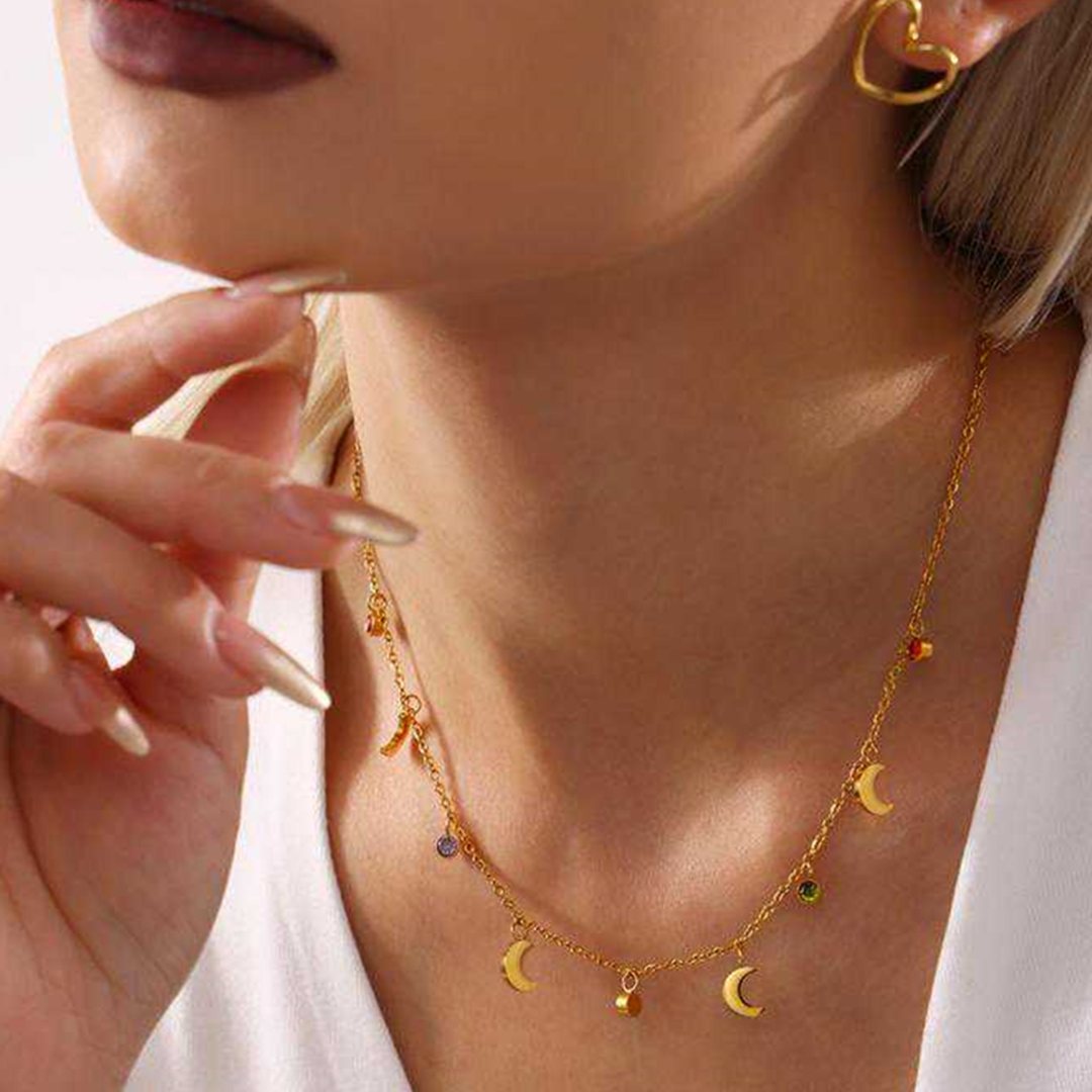 Celestial Moon Charm Necklace – 18K Gold Plated with Gemstone Accents
