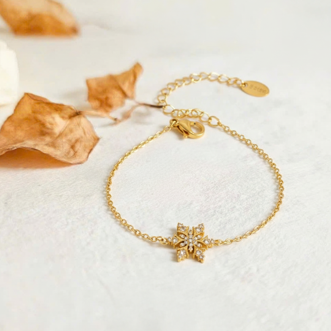 Gold Snowflake Bracelet – Stainless Steel Crystal Charm Jewelry