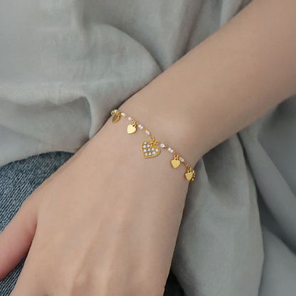 Golden Heart Charm Bracelet – Stainless Steel Pearl Accent Jewelry