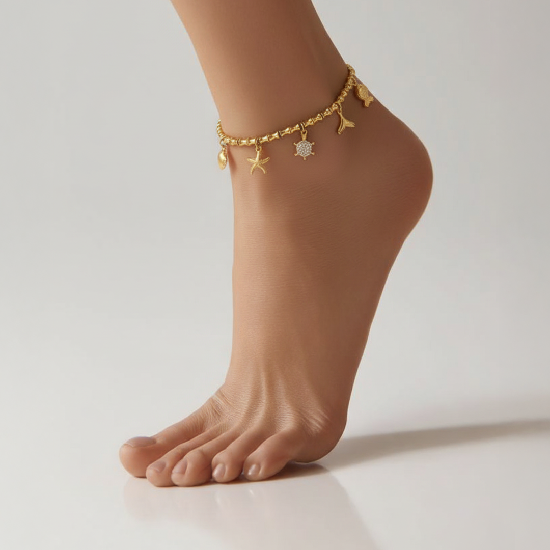 Bamboo Chain Sea Charm Anklet – 18K Gold Plated with Shell & Starfish Charms