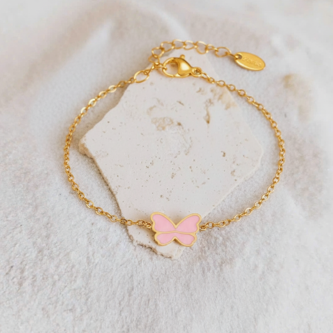 Pink Butterfly Kids Bracelet – Gold-Plated Stainless Steel Enamel Charm