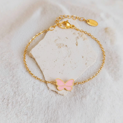 Pink Butterfly Kids Bracelet – Gold-Plated Stainless Steel Enamel Charm
