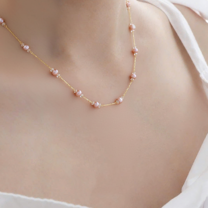 Pink Pearl Beaded Necklace – Gold Chain Elegant Minimal Jewelry