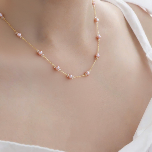 Pink Pearl Beaded Necklace – Gold Chain Elegant Minimal Jewelry
