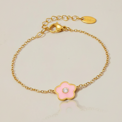Pink Flower Kids Bracelet – Gold-Plated Stainless Steel with Crystal Center