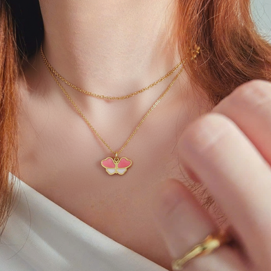 Pink Butterfly Kids Necklace – Gold-Plated Enamel Pendant