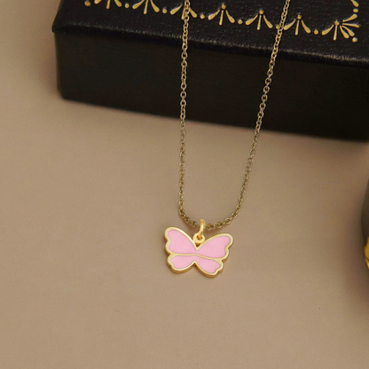Pink Butterfly Kids Necklace – Gold-Plated Stainless Steel Enamel Charm