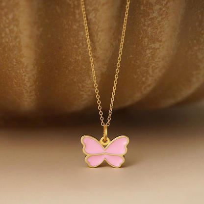 Pink Butterfly Kids Necklace – Gold-Plated Stainless Steel Enamel Charm