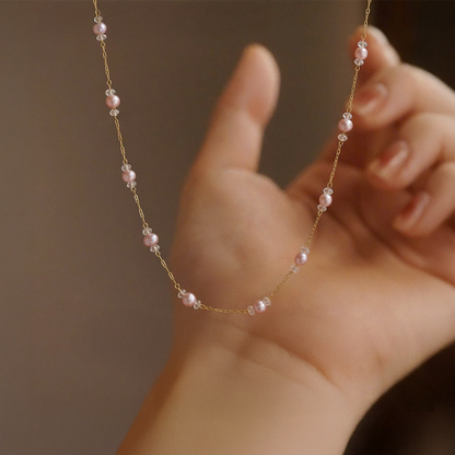 Pink Pearl Beaded Necklace – Gold Chain Elegant Minimal Jewelry