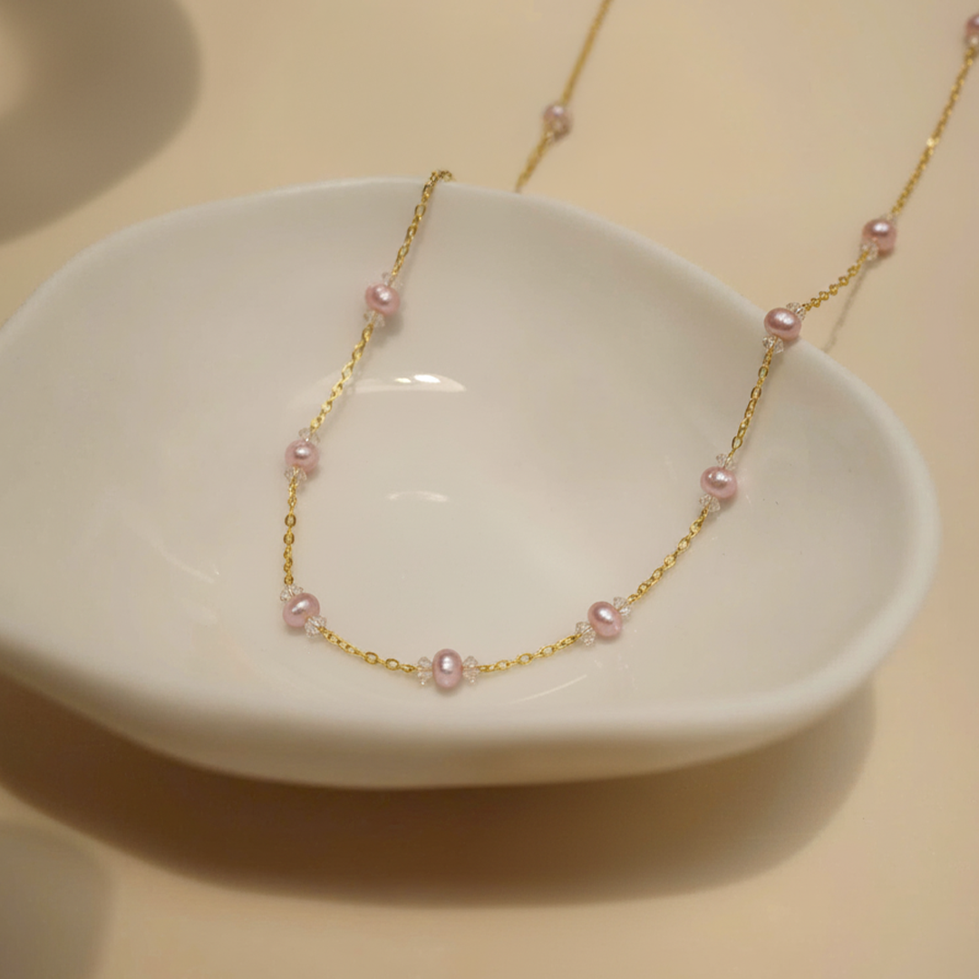 Pink Pearl Beaded Necklace – Gold Chain Elegant Minimal Jewelry