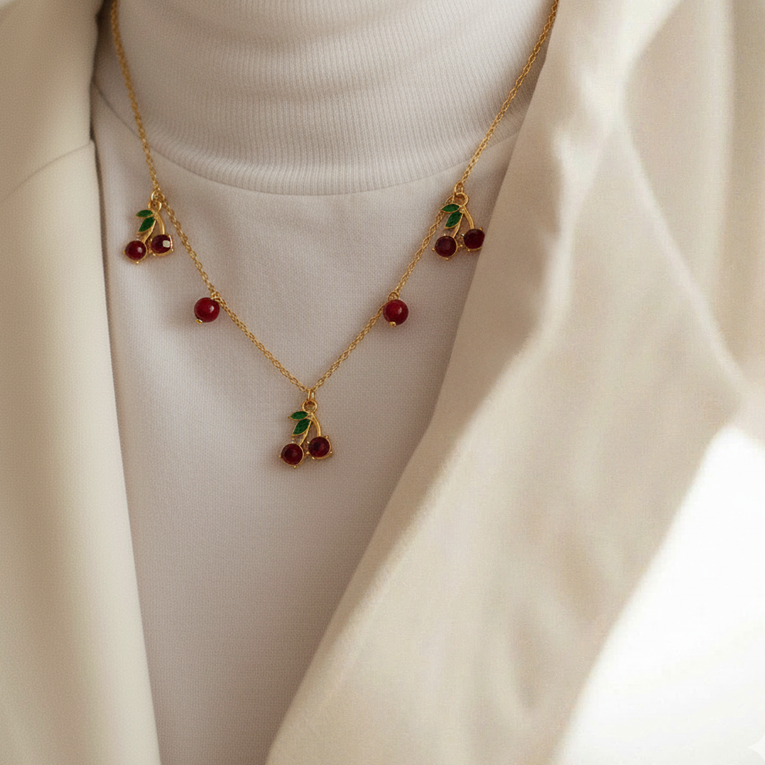 Cherry Charm Kids Necklace – Gold-Plated Enamel Fruit Jewelry