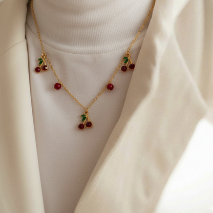 Cherry Charm Kids Necklace – Gold-Plated Enamel Fruit Jewelry