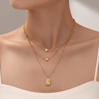 Starlight Pearl Layered Necklace – 18K Gold & Silver Plated