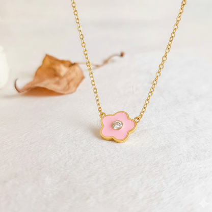 Pink Flower Kids Necklace – Gold-Plated Stainless Steel Charm with Crystal Center