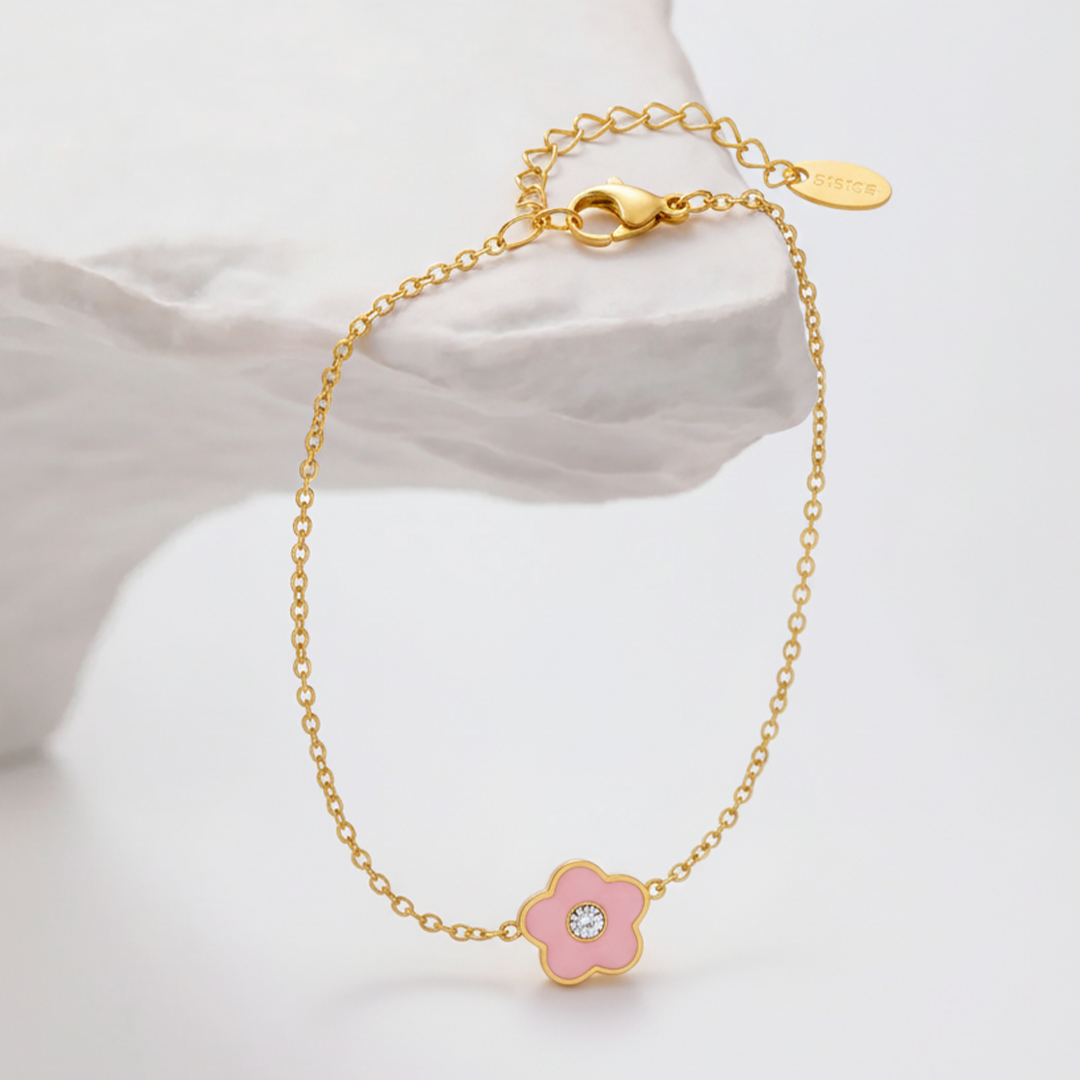 Pink Flower Kids Bracelet – Gold-Plated Stainless Steel with Crystal Center