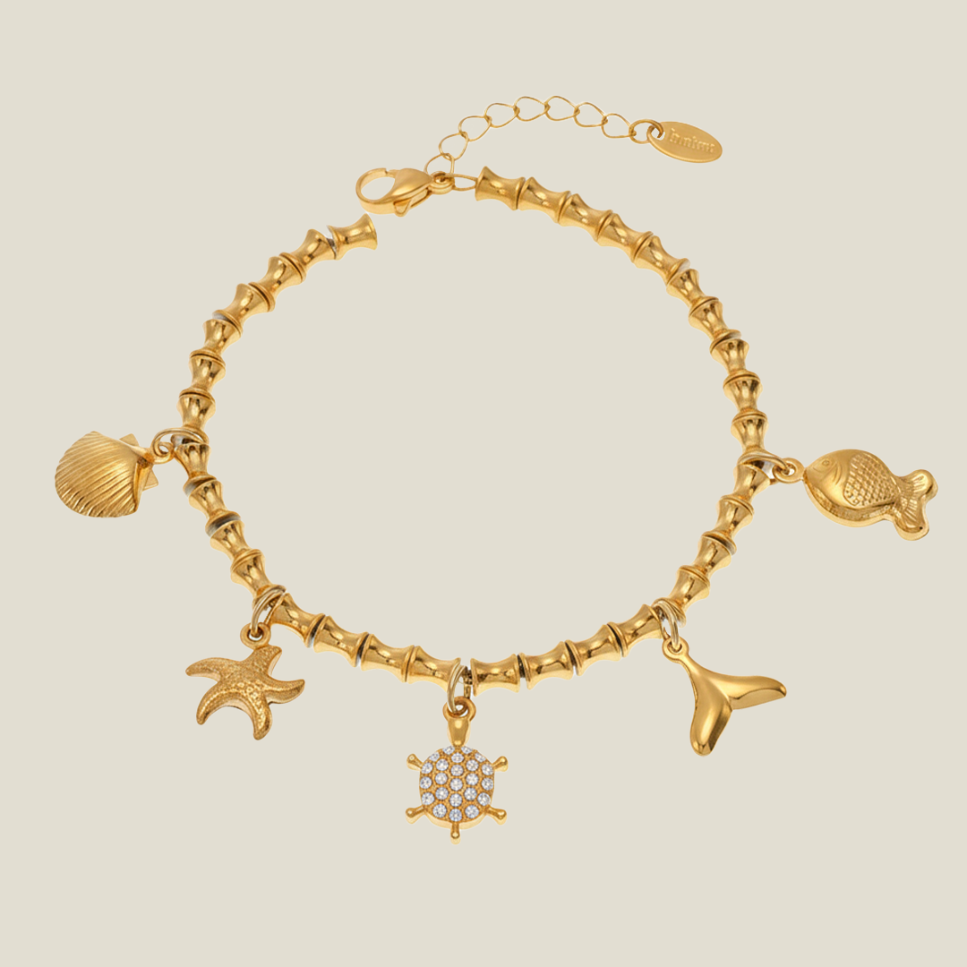 Bamboo Chain Sea Charm Anklet – 18K Gold Plated with Shell & Starfish Charms