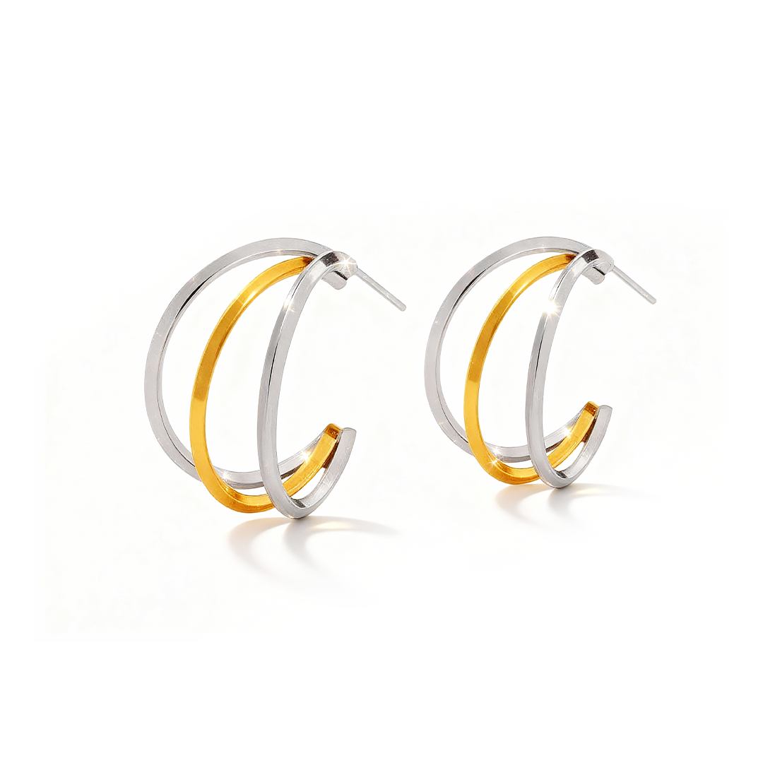 Two-Tone Gold & Silver Triple Hoop Earrings – Stainless Steel