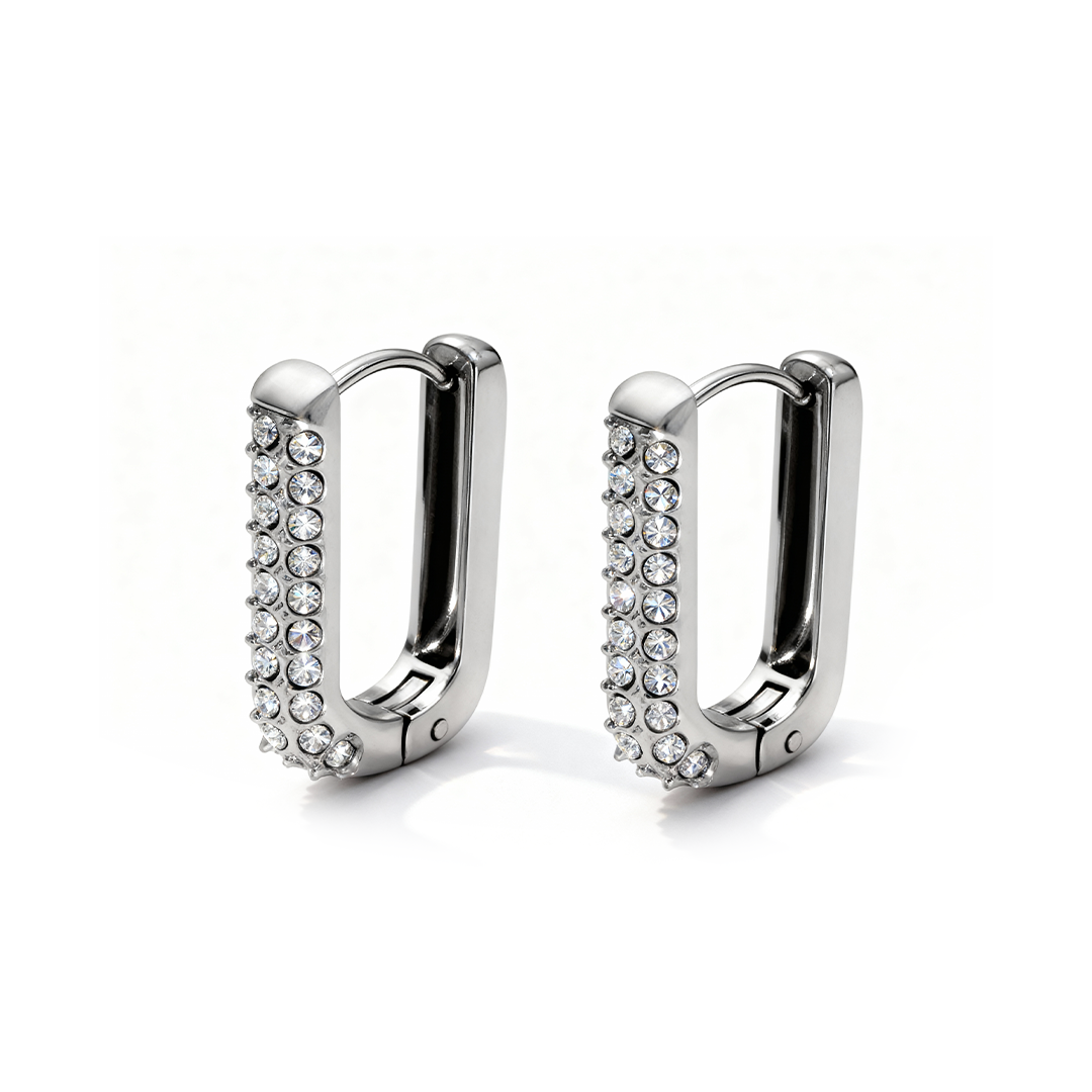 Silver Rectangular Pavé Hoop Earrings – Stainless Steel