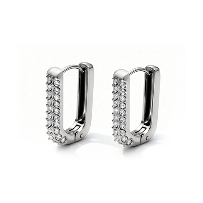 Silver Rectangular Pavé Hoop Earrings – Stainless Steel