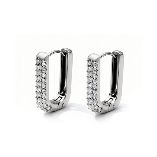 Silver Rectangular Pavé Hoop Earrings – Stainless Steel