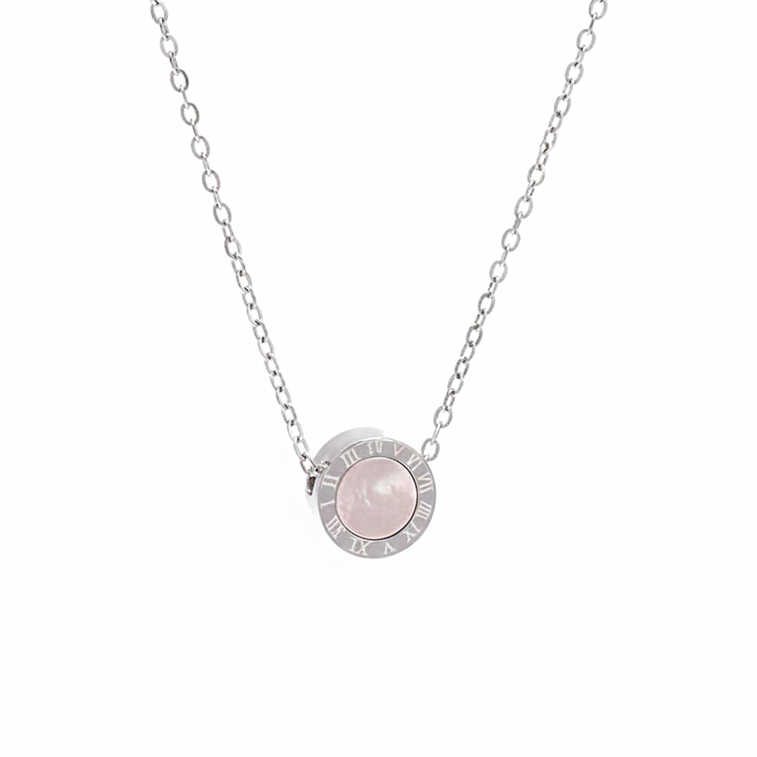 Rose Quartz Circle Necklace – Stainless Steel Silver Pendant Jewelry