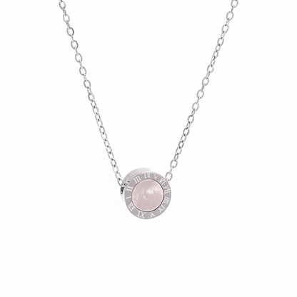 Rose Quartz Circle Necklace – Stainless Steel Silver Pendant Jewelry