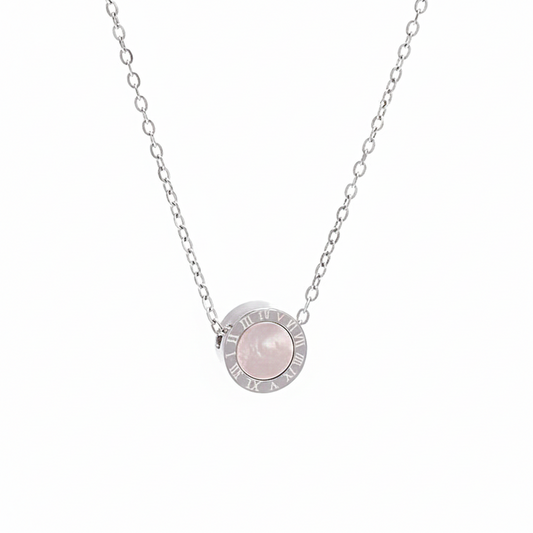 Rose Quartz Circle Necklace – Stainless Steel Silver Pendant Jewelry