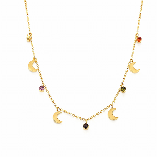 Celestial Moon Charm Necklace – 18K Gold Plated with Gemstone Accents