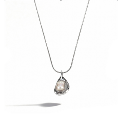Modern Pearl Drop Pendant Necklace – Sterling Silver Plated