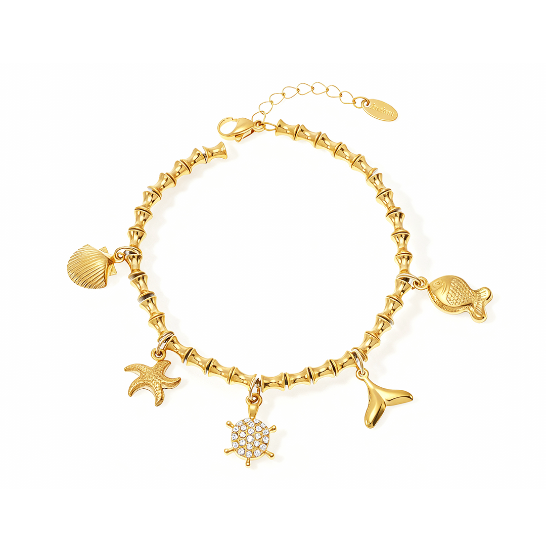 Bamboo Chain Sea Charm Anklet – 18K Gold Plated with Shell & Starfish Charms