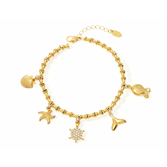 Bamboo Chain Sea Charm Anklet – 18K Gold Plated with Shell & Starfish Charms