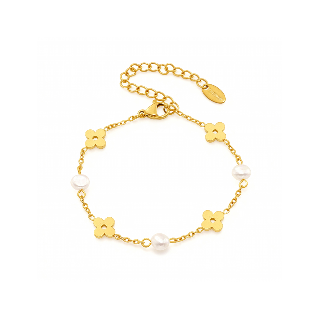 Gold Flower & Pearl Bracelet – 18K Plated Elegant Charm Jewelry