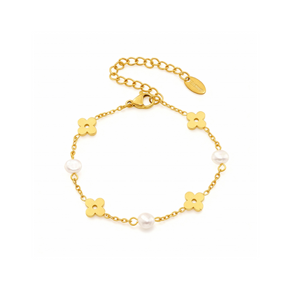 Gold Flower & Pearl Bracelet – 18K Plated Elegant Charm Jewelry