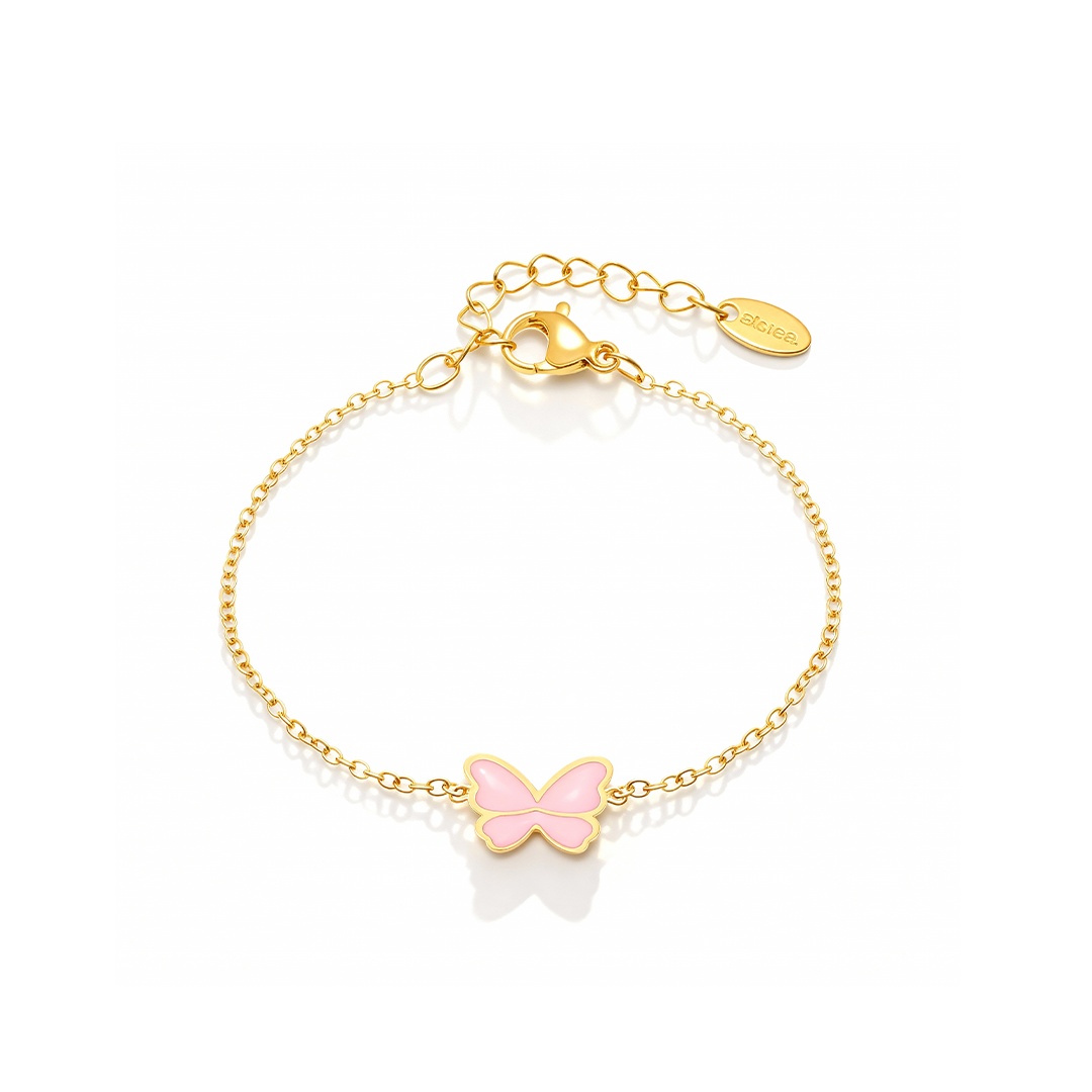 Pink Butterfly Kids Bracelet – Gold-Plated Stainless Steel Enamel Charm
