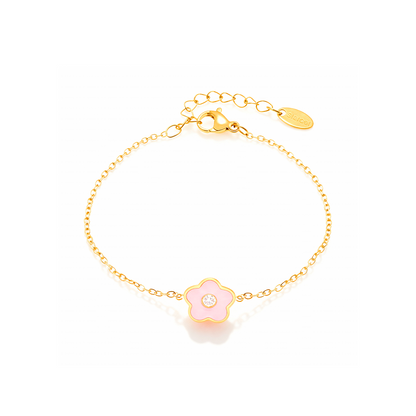 Pink Flower Kids Bracelet – Gold-Plated Stainless Steel with Crystal Center