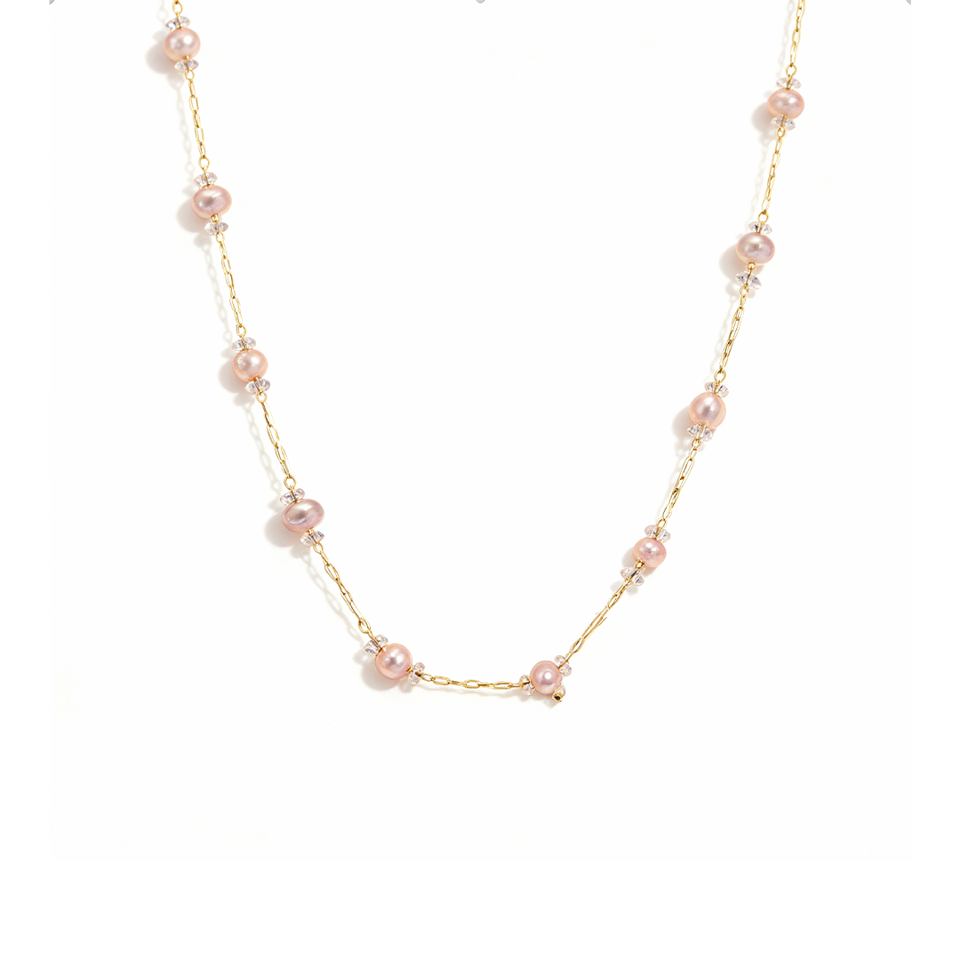 Pink Pearl Beaded Necklace – Gold Chain Elegant Minimal Jewelry