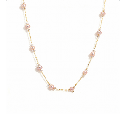 Pink Pearl Beaded Necklace – Gold Chain Elegant Minimal Jewelry