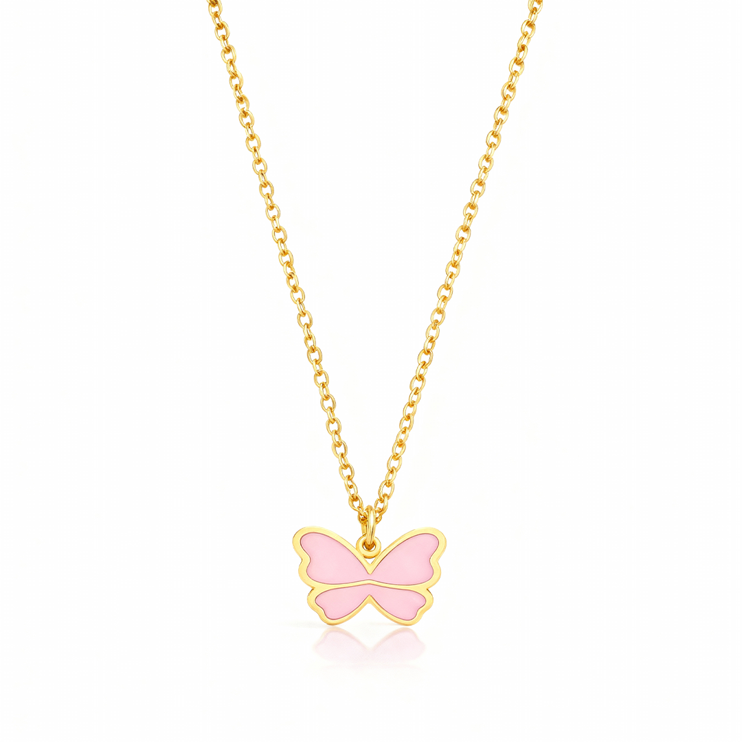 Pink Butterfly Kids Necklace – Gold-Plated Stainless Steel Enamel Charm