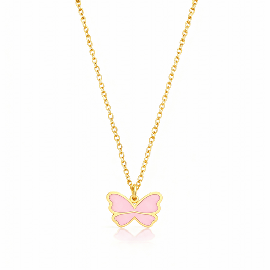 Pink Butterfly Kids Necklace – Gold-Plated Stainless Steel Enamel Charm