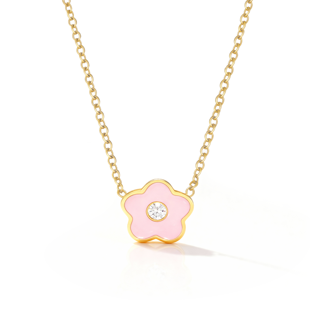 Pink Flower Kids Necklace – Gold-Plated Stainless Steel Charm with Crystal Center