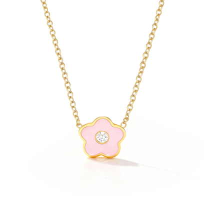 Pink Flower Kids Necklace – Gold-Plated Stainless Steel Charm with Crystal Center
