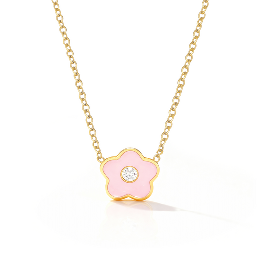 Pink Flower Kids Necklace – Gold-Plated Stainless Steel Charm with Crystal Center